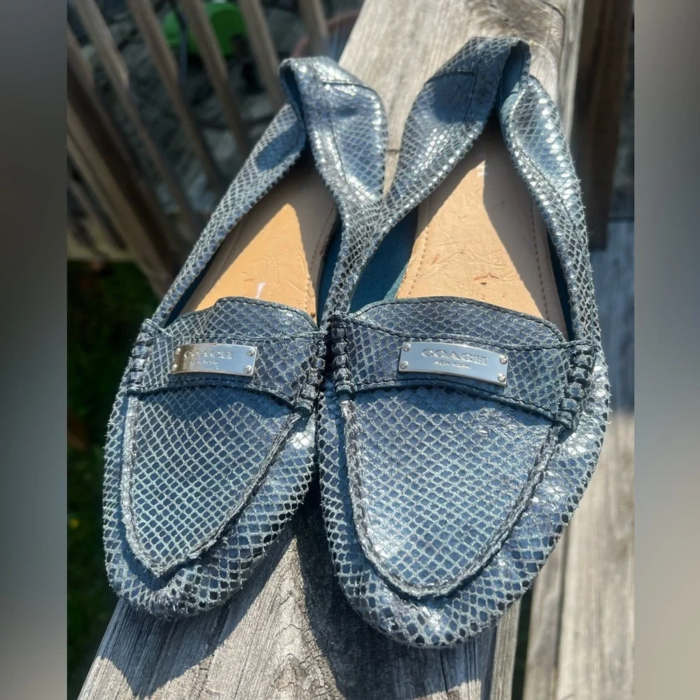 Coach Fredrica blue iridescent snake print leather logo loafers Y2K